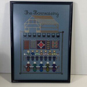 Vintage '88 Handmade Amish Folk Barnraising Framed Cross Stitch 18.5"x14"